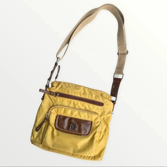 Giani Bernini Crossbody Faux Leather Nylon Tan Mustard Yellow Brown Bag - Picture 1 of 17